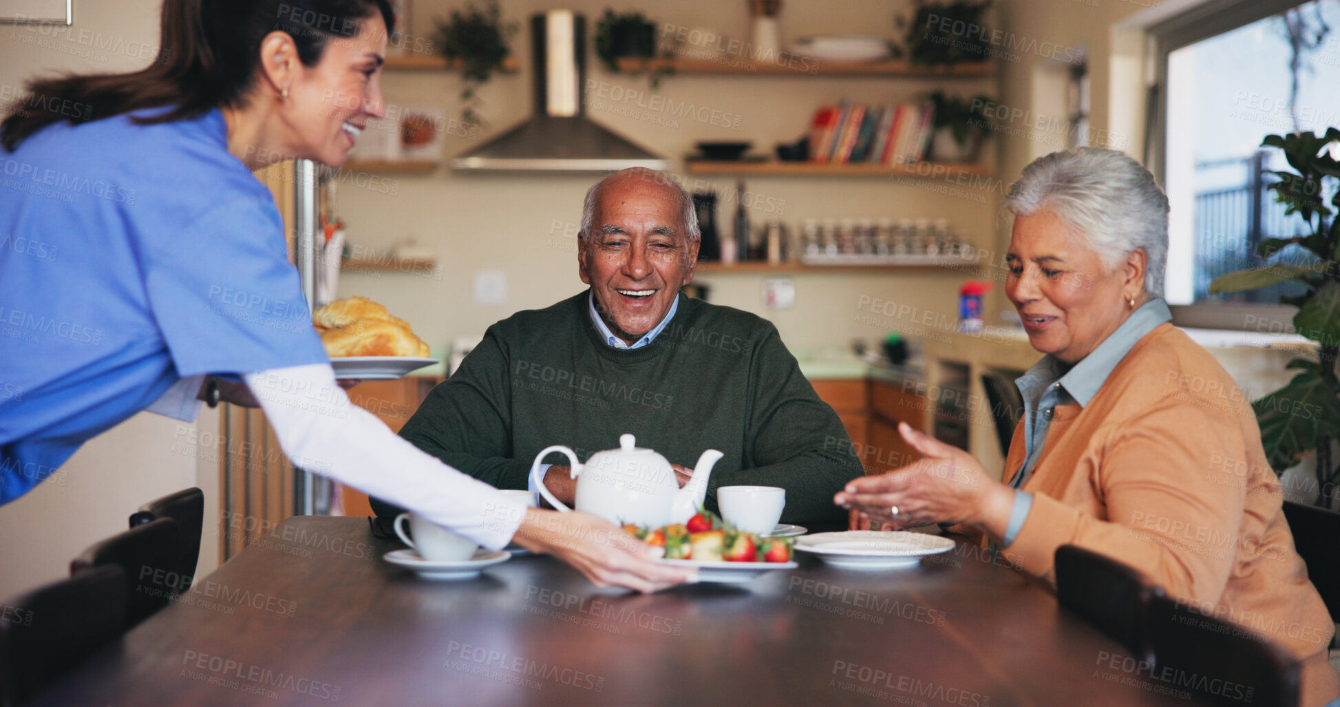 Buy stock photo Elderly couple, caregiver and happy in home with breakfast, service and assisted living. Senior man, wife and woman nurse in dining room for morning routine, nutrition or healthy eating in retirement