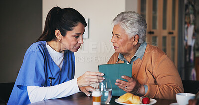 Buy stock photo Tablet, conversation and caregiver with senior woman at assisted living for diagnosis explanation. Digital technology, healthcare and nurse with elderly patient for medical checkup in retirement home