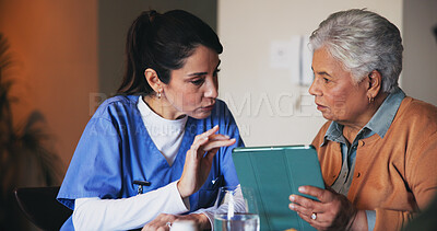 Buy stock photo Tablet, conversation and nurse with senior woman at assisted living for telehealth app. Digital technology, healthcare and caregiver with elderly patient for medical schedule in retirement home