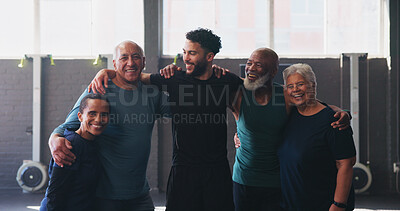 Buy stock photo Mature people, personal trainer and group in gym class for exercise, workout or training. Physical therapy, support and help with portrait for fitness, coach and wellness for retirement health