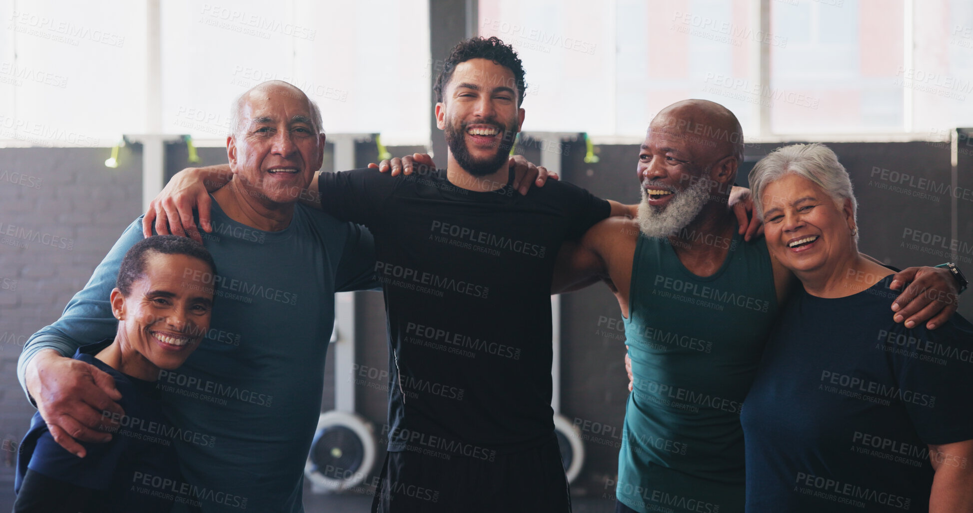 Buy stock photo Mature people, personal trainer and portrait in gym class for exercise, workout or training. Physical therapy, support and help with laugh for fitness, coach and wellness for retirement health