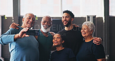 Buy stock photo Mature people, personal trainer and selfie smile in gym class for exercise, workout or training. Physical therapy, support and coach with team building for fitness, senior and retirement health club