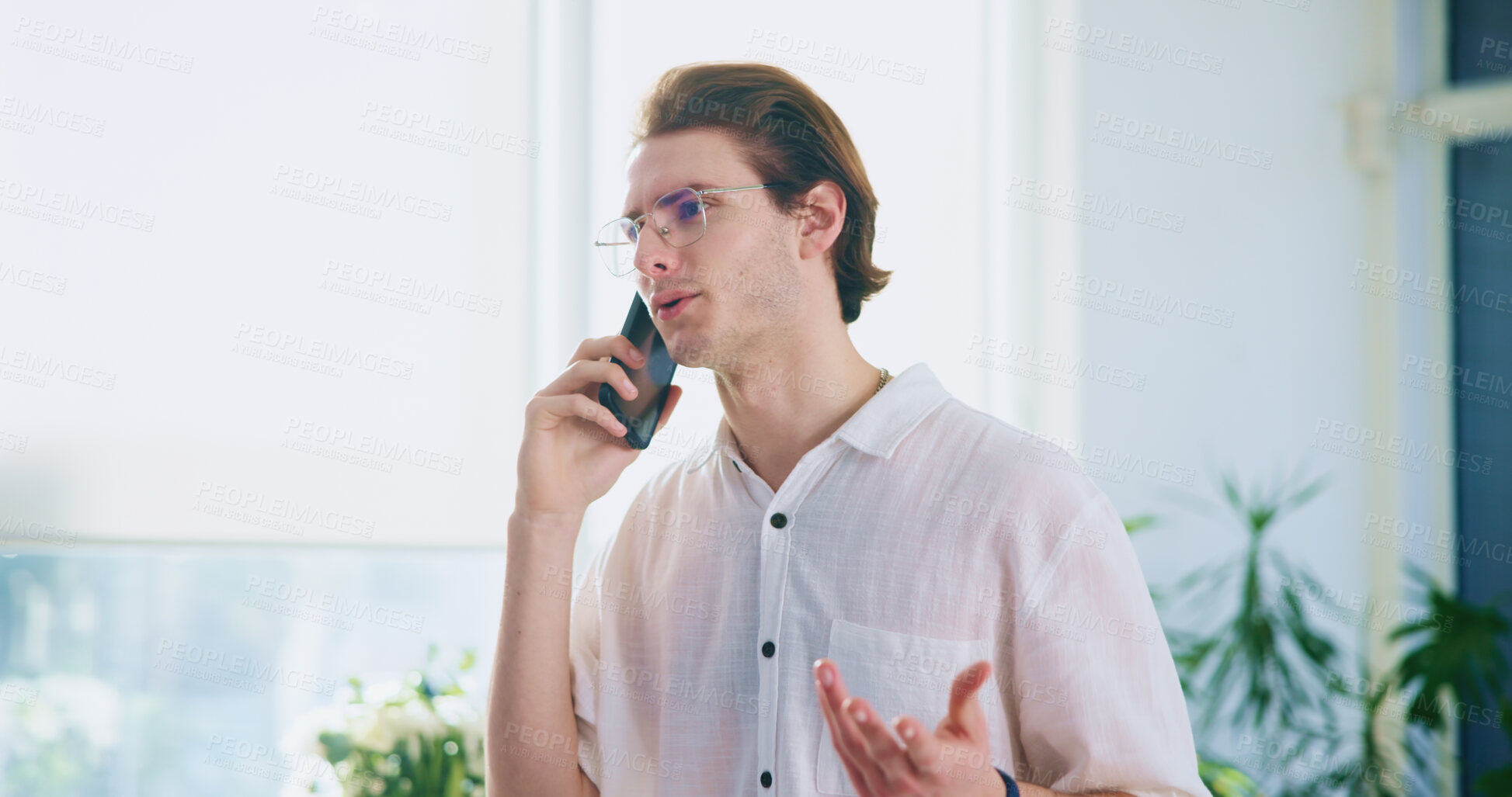 Buy stock photo Business, phone call and man in office, stress and argument with crisis, frustrated and disagreement. Person, startup and entrepreneur with deadline, conflict and schedule with smartphone and fight