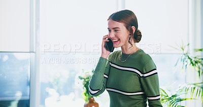 Buy stock photo Phone call, laughing and woman in office, smile and conversation with contact for campaign and business. Communication, brand specialist and person with ideas for sales, creative and chat for project