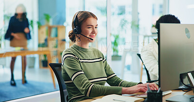 Buy stock photo Business, call center or woman with computer, help desk or customer support in office. Person, employee or consultant for insurance company, headset or online reading for client info or telemarketing