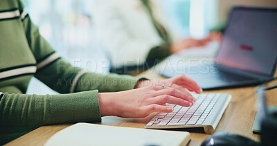 Buy stock photo Business, hands and woman at desk, keyboard and laptop with internet, typing and email. Person, creative agency and employee in office, computer and technology with connection and website information