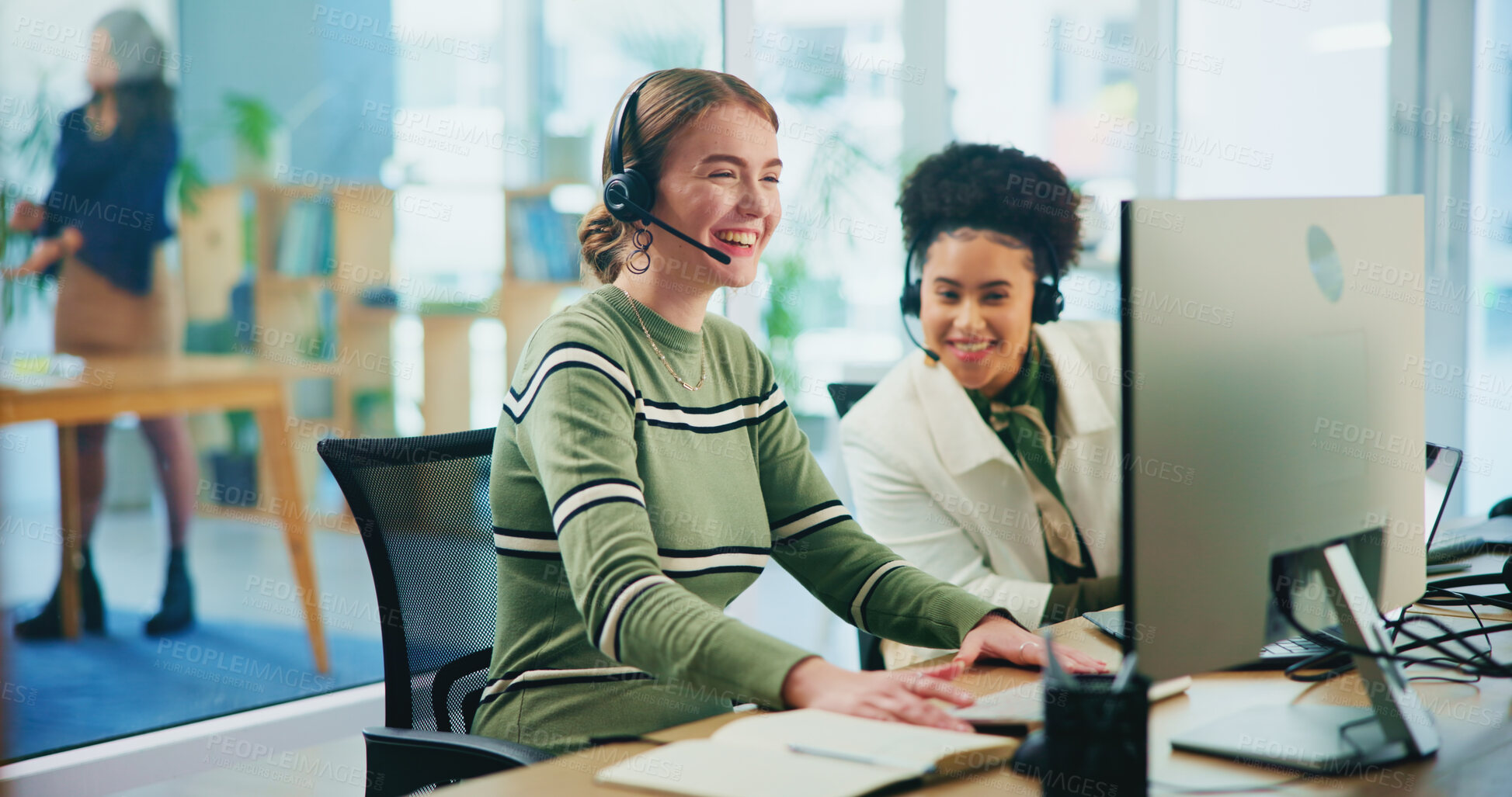 Buy stock photo Happy, people and headset with computer in call centre of communication, customer service and ecommerce. Women, teamwork and talking with mic for telemarketing advice, website faq and online solution