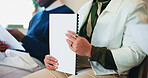 Conference, presentation and hands with document, meeting agenda and person for business. Audience, group of people and collaboration with workshop, training or coaching for creative brainstorming
