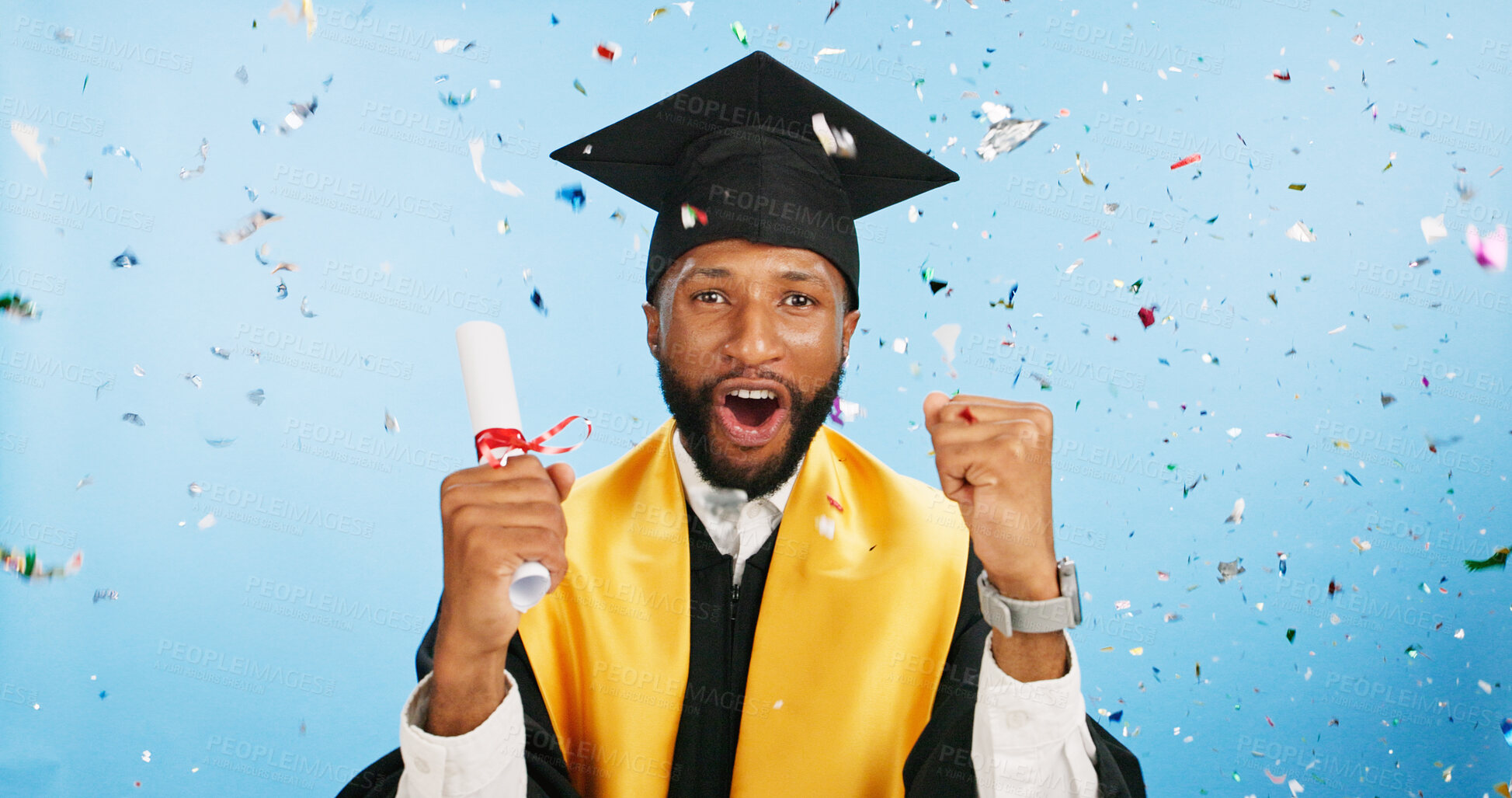 Buy stock photo Portrait, black man and diploma for graduation in studio of celebration, education success and achievement. Smile, student and certificate for confetti, university congratulations and blue background