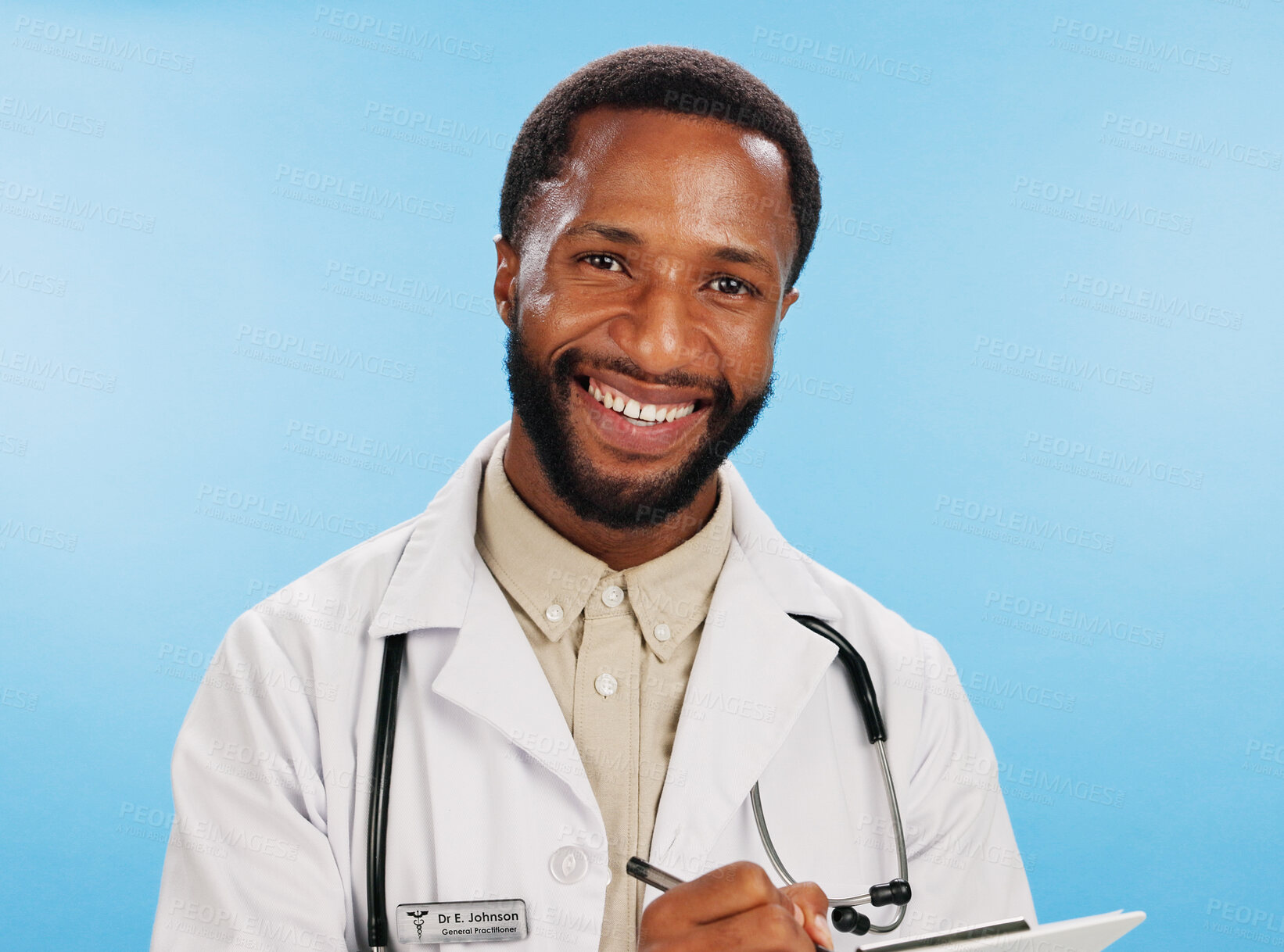 Buy stock photo Doctor, black man and portrait with clipboard in studio for medical report, medicine prescription and referral note. Space, healthcare expert and person with writing health admin on blue background