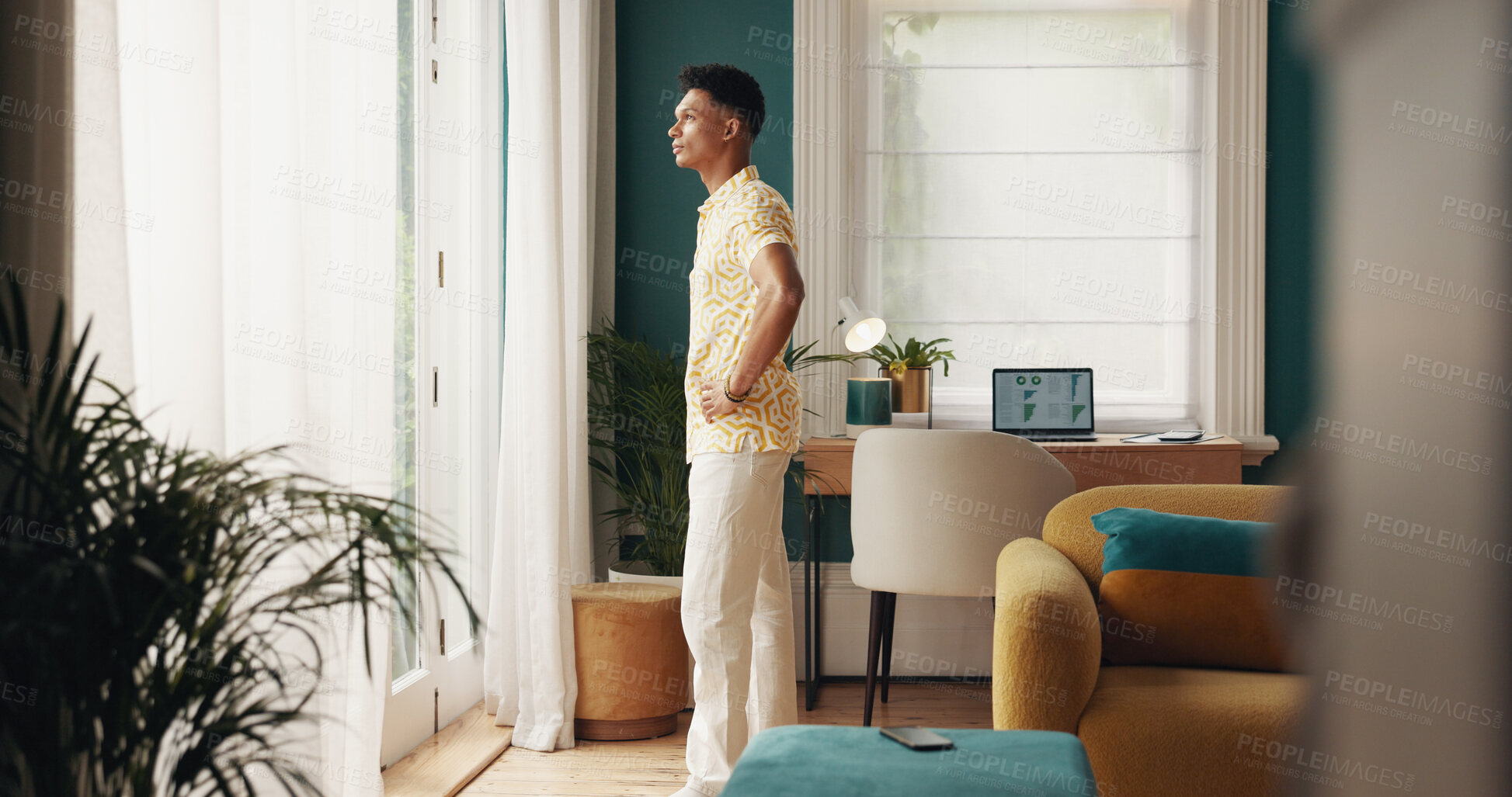 Buy stock photo Man, thinking and researcher for change in office, global climate insight and problem solving. Male person, worker analysis and contemplating earth transformation, brainstorming solution and view