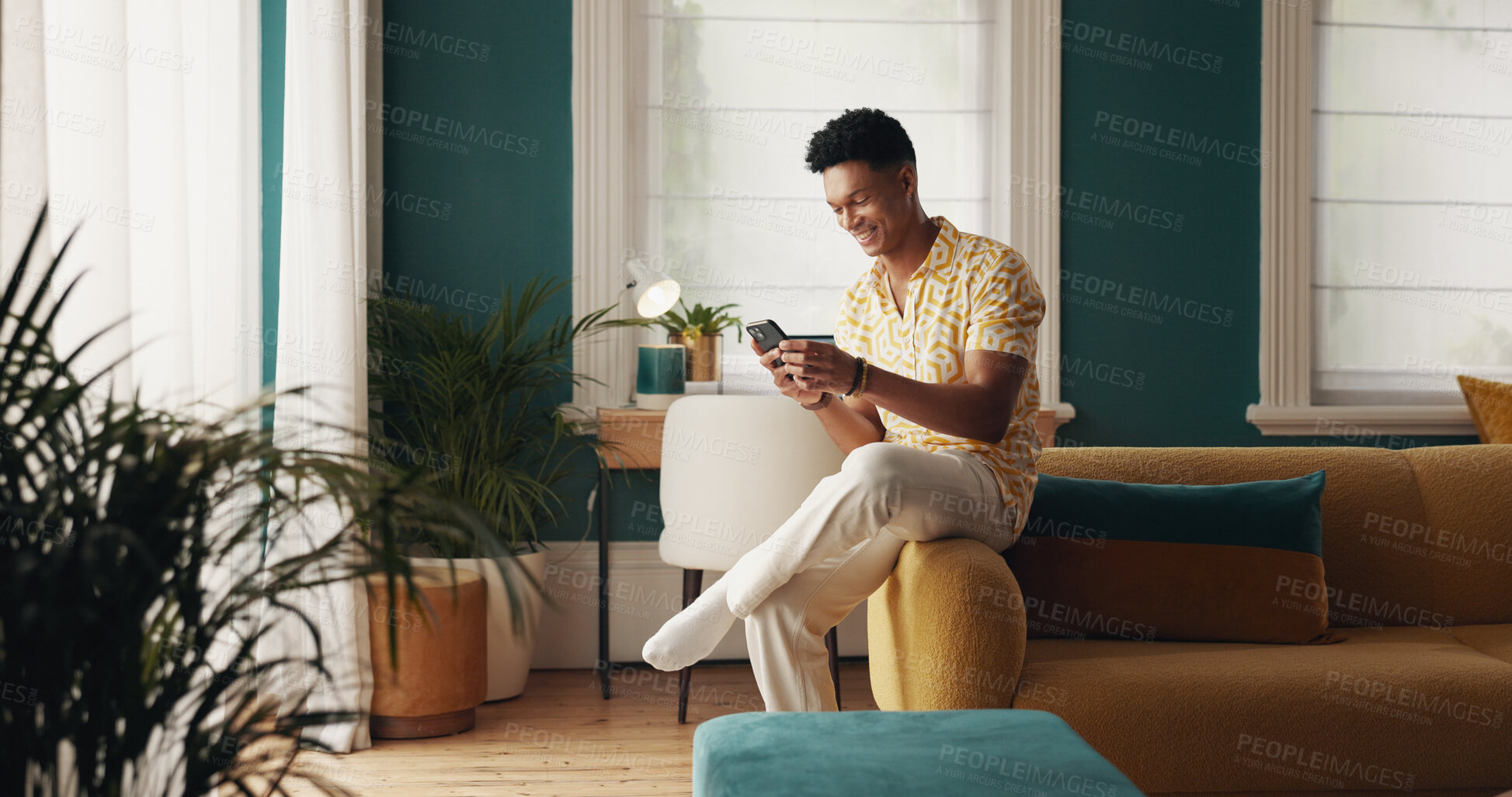 Buy stock photo Man, student and happy with phone at house of education results, university application and acceptance. Male person, mobile and good news of enrollment, scholarship feedback and approval notification