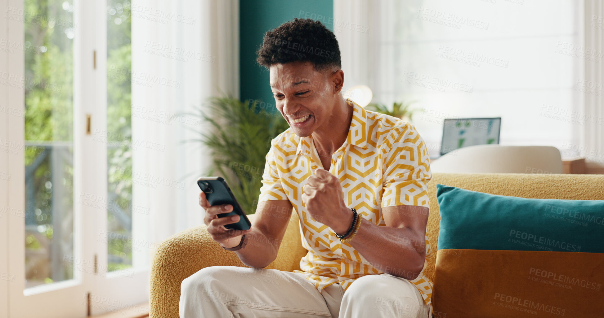 Buy stock photo Man, winner and excited with phone for good news, college acceptance and success in home. Achievement, victory and opportunity with student in living room for university scholarship, results and wow
