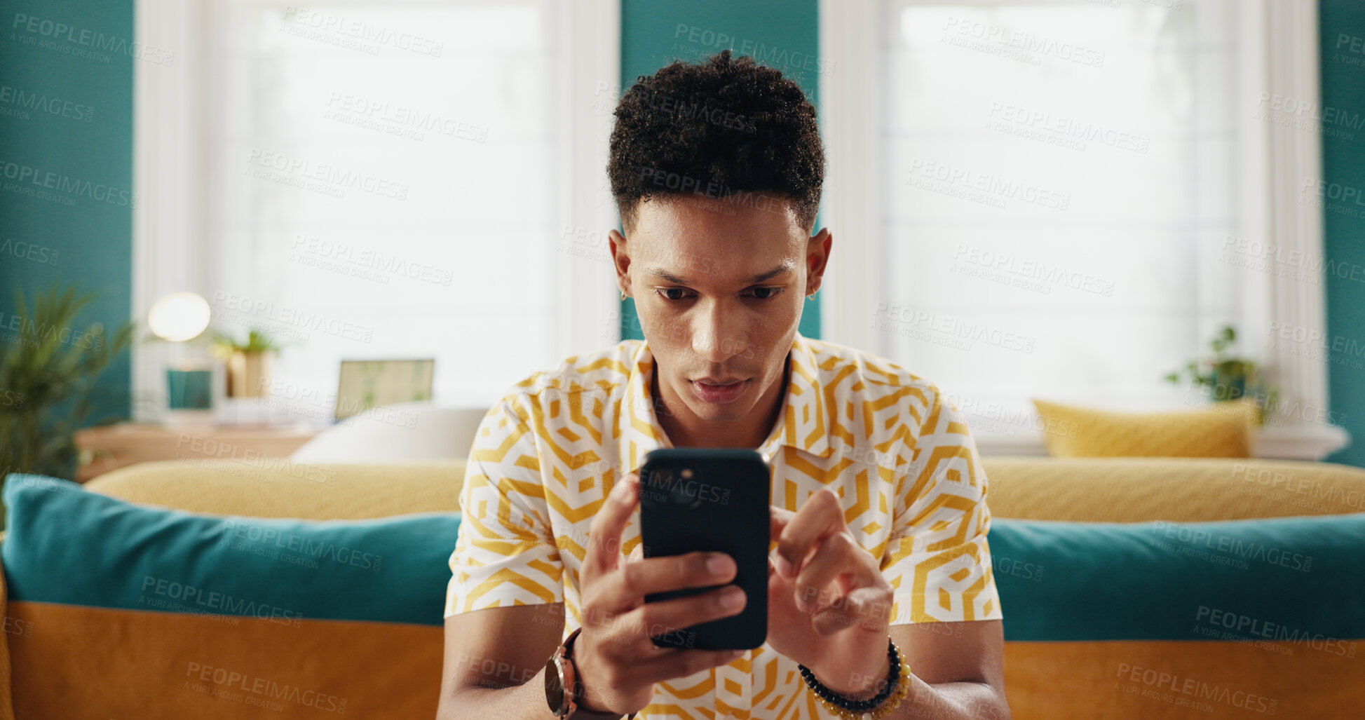 Buy stock photo Man, student and nervous with phone at house of education results, university application and acceptance. Male person, scroll and mobile for registration portal, scholarship feedback and notification