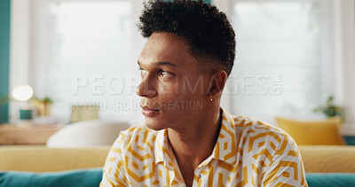 Buy stock photo Man, thinking and plan for holiday in hotel, contemplating itinerary and hospitality services. Male person, relax and problem solving schedule for time management on couch, dream and vacation suite