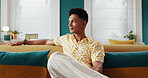 Man, thinking and plan for vacation in hotel, contemplating itinerary and hospitality services. Male person, relax and problem solving schedule for time management on couch, dream and holiday suite