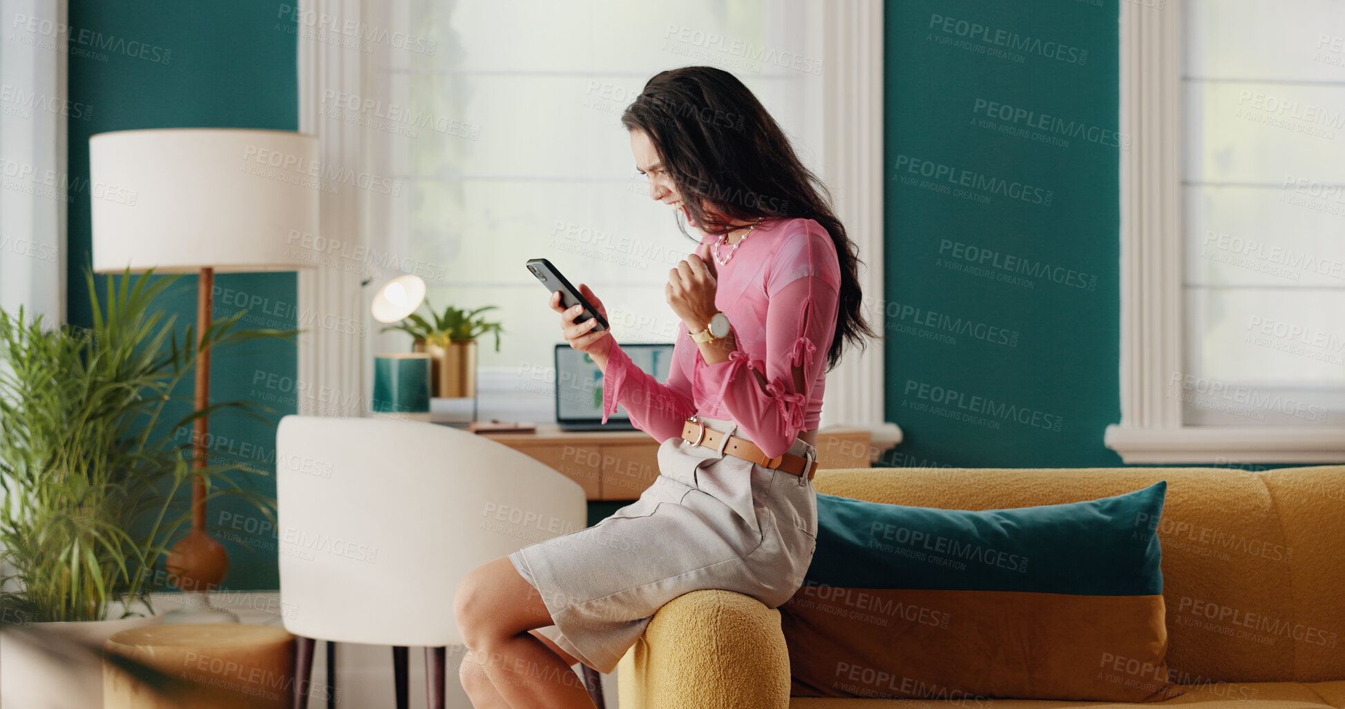 Buy stock photo Woman, phone and bonus celebration in office, hotel manager and email for hospitality award. Female person, commission achievement and online for five star review, fist pump and promotion news