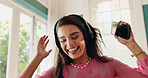Woman, winner and dancing with phone for good news, college acceptance and success in home. Achievement, victory and opportunity for student in living room with university scholarship or wow results
