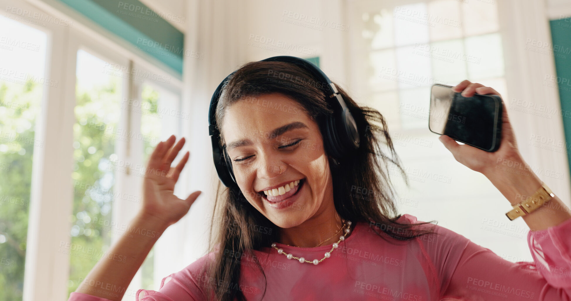 Buy stock photo Woman, winner and dancing with phone for good news, college acceptance and success in home. Achievement, victory and opportunity for student in living room with university scholarship or wow results