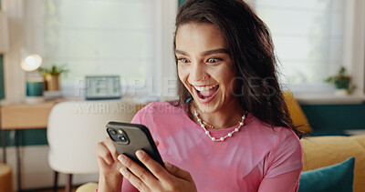 Buy stock photo Woman, winner and excited with phone for good news, college acceptance and success in home. Achievement, victory and opportunity for student in living room with university scholarship or wow results