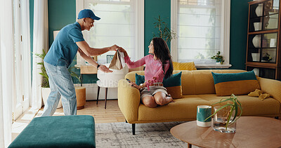 Buy stock photo Happy customer, delivery and meal with door service for takeaway, fast food or convenience at home. Woman, man or courier guy with paper bag for ecommerce app, online order or supplies at house