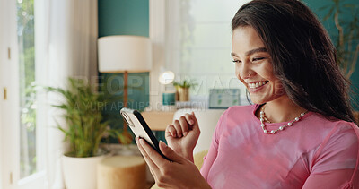 Buy stock photo Woman, winner and excited with phone for good news, college acceptance and success in home. Achievement, victory and opportunity with student in living room for university scholarship or wow results