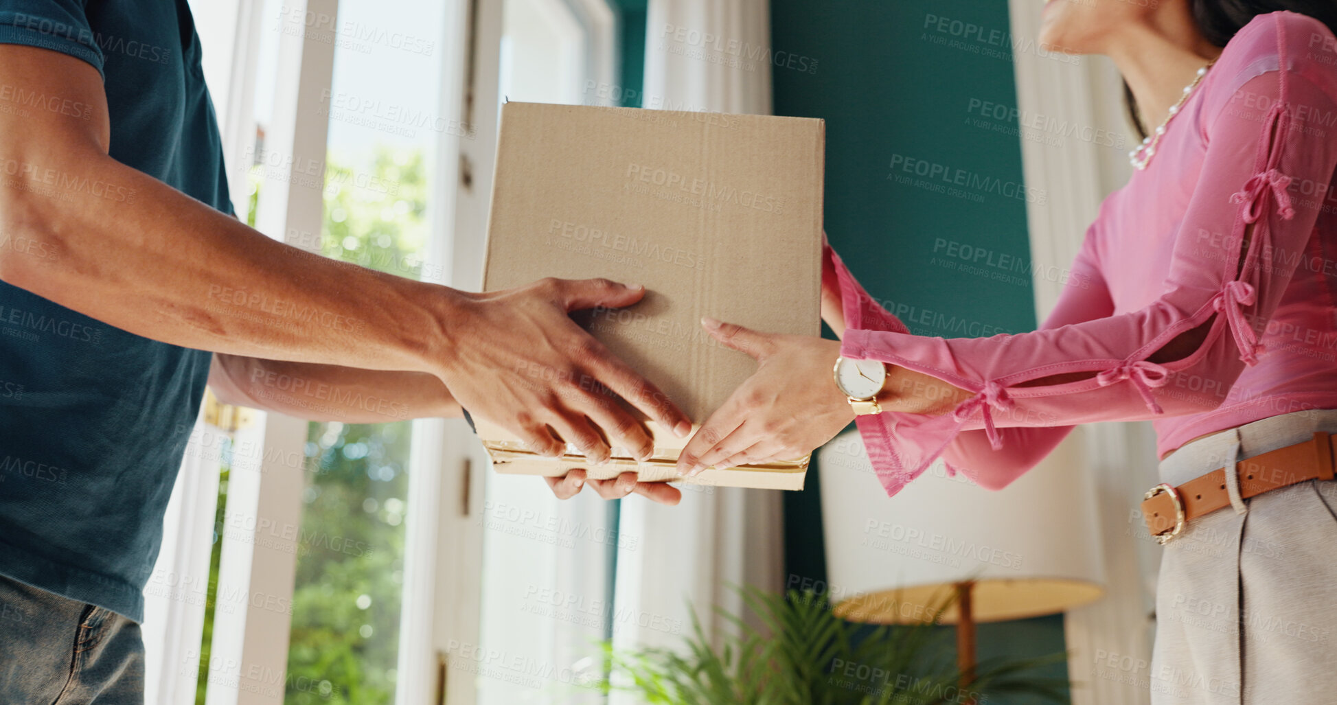Buy stock photo Customer, hands and delivery with box for door service, logistics or ecommerce at home. Closeup, parcel or courier man with package offer for online order, supply chain or safe distribution at house