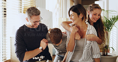 Buy stock photo Real estate, new house and happy family moving in with piggyback, laugh and bonding together. Property, dream home and excited children with parents, fun and playing for relocating success and joy