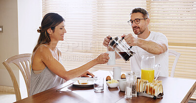 Buy stock photo Couple, coffee press and breakfast in morning, home and helping hand with care, love and smile. People, woman and mature man with caffeine, drink and happy together for bonding with food at apartment