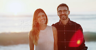 Buy stock photo Portrait, couple and smile with love outdoor of anniversary, summer vacation and bonding together. Happy, people and lens flare for getaway trip, romantic date and marriage commitment of ocean travel
