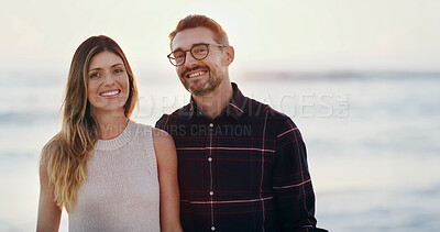 Buy stock photo Couple, happy and love with portrait outdoor for anniversary, summer vacation and bonding together. Smile, people and getaway trip at beach with romantic date, marriage commitment and tropical travel