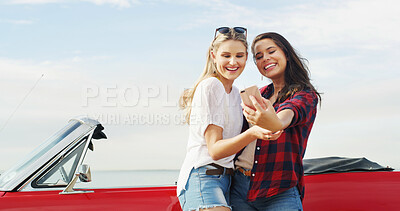 Buy stock photo Road trip, friends and girls take selfie by car for travel, vacation and holiday outdoor on gap year. Convertible. transport, happy women and picture on journey for memory, social media post and vlog