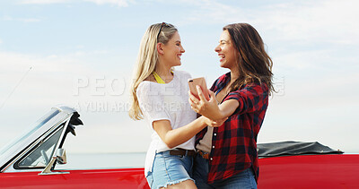 Buy stock photo Road trip, friends laughing and selfie of girls by car for travel, vacation or holiday outdoor. Convertible transport, happy women or picture on journey for funny memory or silly social media post