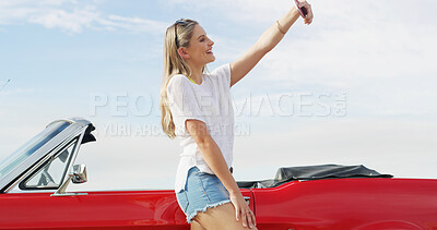 Buy stock photo Road trip, girl and selfie with car for travel, vacation and holiday outdoor on gap year. Convertible transport, woman and picture on journey for memory, social media post and excited influencer vlog