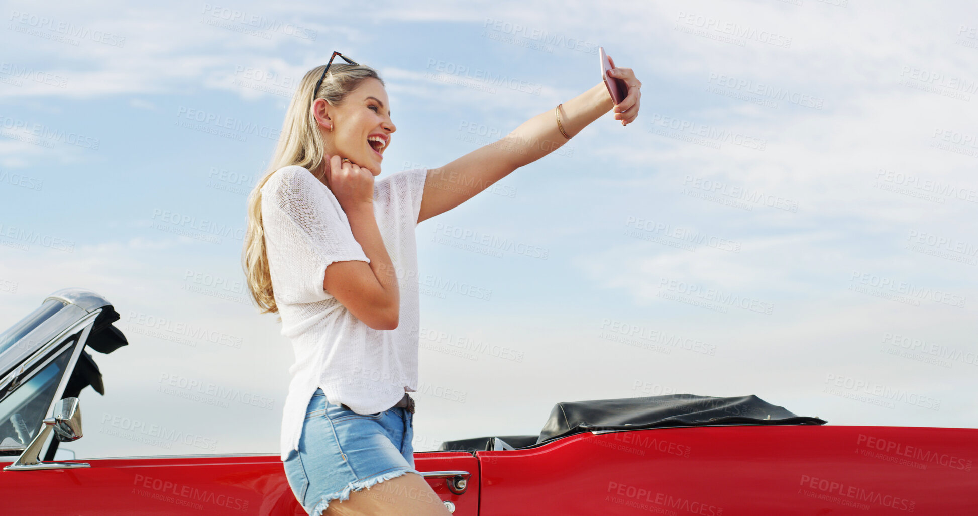 Buy stock photo Road trip, excited girl and selfie with car for travel, vacation and holiday outdoor on gap year. Convertible transport, woman and picture on journey for memory, social media post and influencer vlog