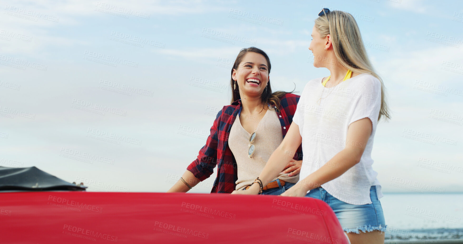Buy stock photo Seaside, travel and women with car, vacation and bonding together with tourism, adventure and smile. Road trip, people or friends with vehicle, ocean and explore with journey, summer holiday or Miami