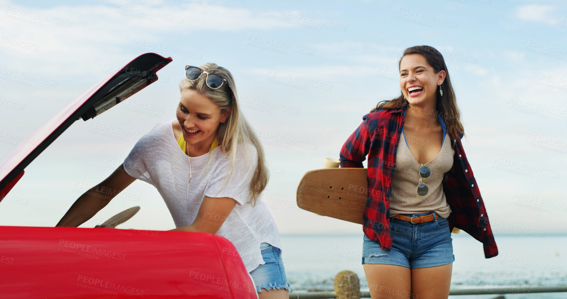 Buy stock photo Beach, travel and women with car, smile and bonding together with tourism, vacation and nature. Road trip, people and friends with vehicle, ocean and adventure with journey, summer holiday and Miami