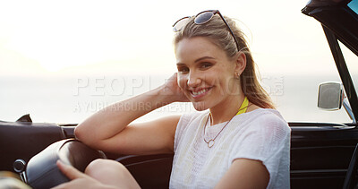Buy stock photo Portrait, woman and relax in car of road trip adventure, ocean travel and vacation destination. Smile, female person and carefree in vehicle for journey transport, summer getaway and outdoor freedom
