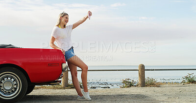 Buy stock photo Road trip, girl and selfie with car for vacation, travel and holiday outdoor by ocean. Convertible transport, woman and picture on journey for memory, social media post and excited influencer vlog