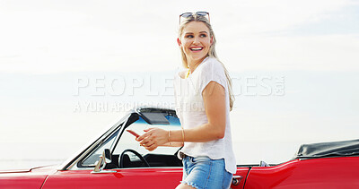 Buy stock photo Phone, girl and thinking on road trip for travel on vacation planning, dream holiday and adventure. Mobile, convertible car and happy woman on journey or navigation with map app on internet outdoor