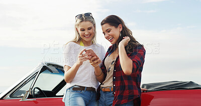 Buy stock photo Phone, happy girls or friends on road trip with car for vacation, holiday or post adventure on social media profile. Mobile, convertible or women on journey, travel or navigation with map app outdoor