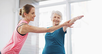 Buy stock photo Yoga, coach and help senior woman for fitness, healthy body and geriatric wellness. Stretching, happy instructor and pilates exercise for physical therapy, assistance and balance together in gym