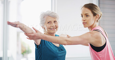 Buy stock photo Yoga, fitness instructor and help senior woman stretching for geriatric wellness and rehabilitation. Healthy body, coach and pilates exercise for physiotherapy, balance and happy together in gym