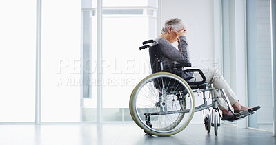 Buy stock photo Elderly woman, crying and wheelchair at window with space, depression or lonely in nursing home. Senior person with disability, mental health or sadness in retirement with emotions, grief or dementia