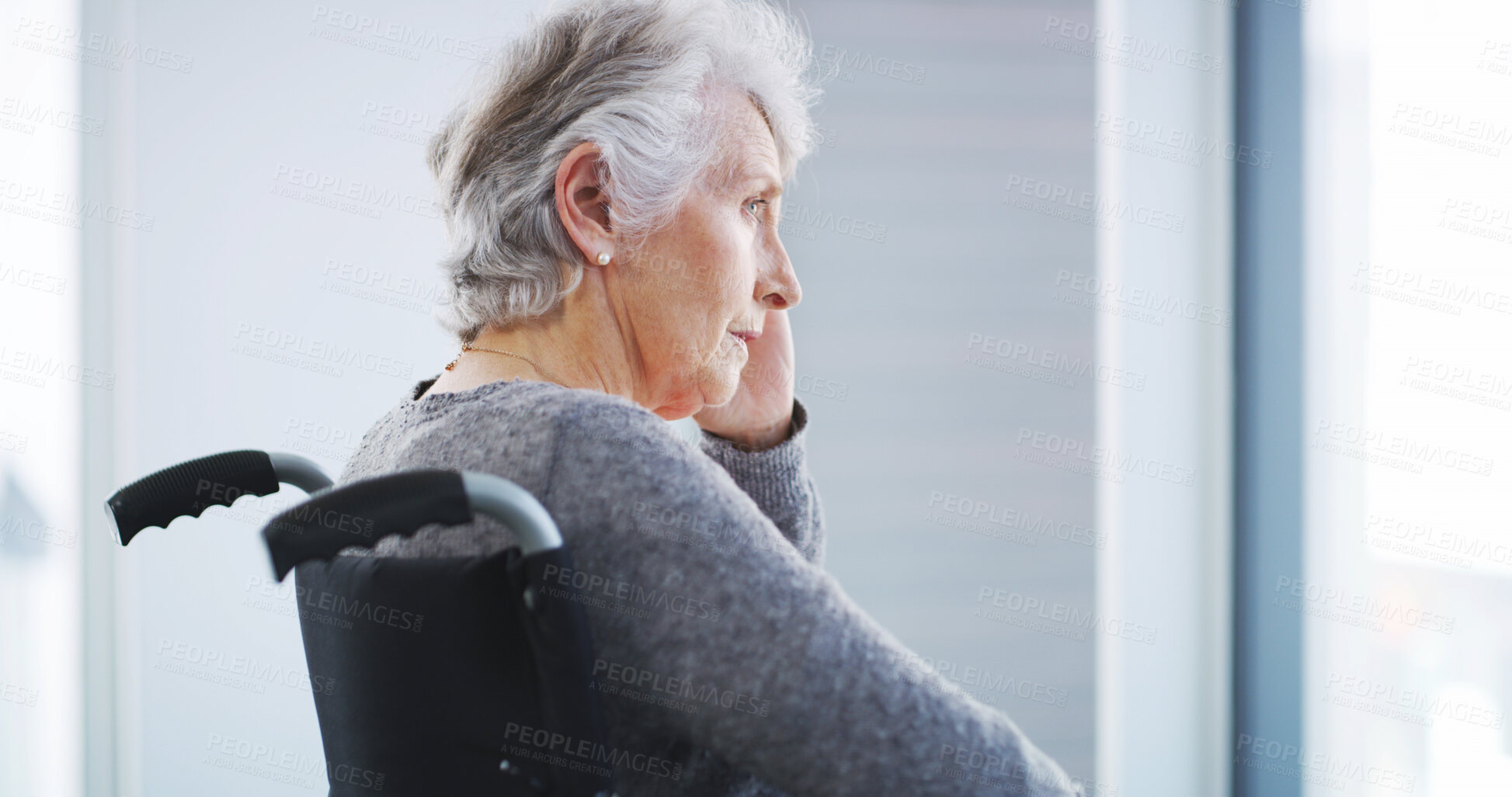 Buy stock photo Elderly woman, thinking and wheelchair at window with memory loss, depression and lonely in nursing home. Senior person with disability, mental health and sad in retirement with reflection on grief