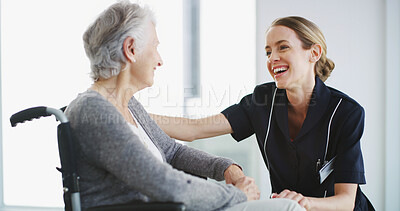 Buy stock photo Senior woman, caregiver or happy in nursing home with support, trust or friendly service. Elderly care, people or patient with disability in retirement center for rehabilitation, recovery or wellness