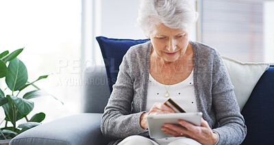 Buy stock photo Senior, woman and tablet with credit card in home for online shopping, internet banking or easy checkout on sofa. Ecommerce, old person or digital app for debit transaction or retirement plan payment