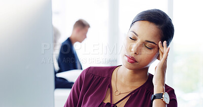 Buy stock photo Headache, computer and business woman in office, exhausted with 404 error and pain. Frustrated, fatigue and tired girl with stress, anxiety and burnout for internet crisis and receptionist report