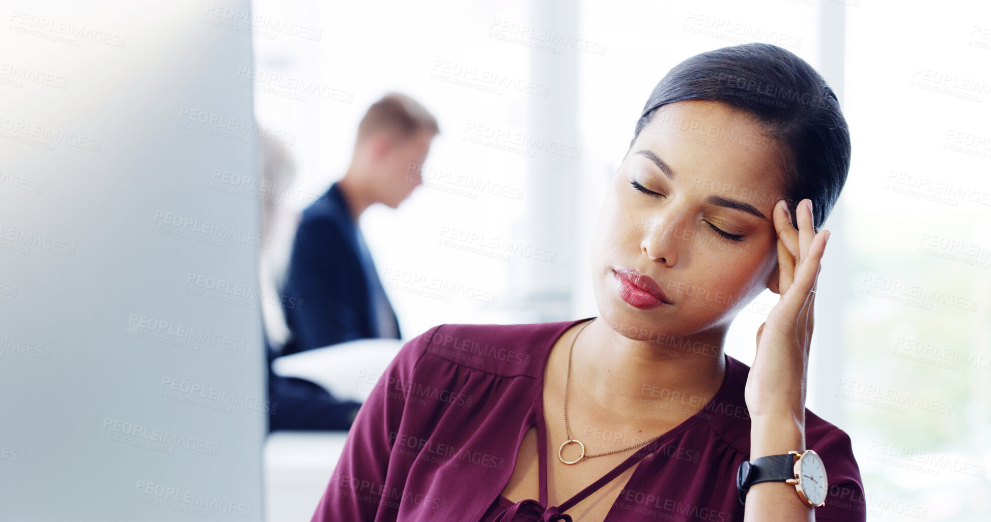 Buy stock photo Headache, computer and business woman in office, exhausted with 404 error and pain. Frustrated, fatigue and tired girl with stress, anxiety and burnout for internet crisis and receptionist report