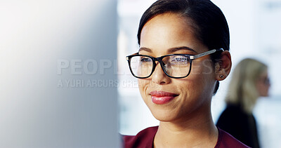 Buy stock photo Business, thinking or woman with computer, internet and solution with choice. Person, accountant or financial advisor in office, glasses or report for income growth, problem solving or website info